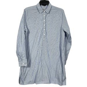 ATM Tunic Top Womens Large Blue White Striped 1/4 Button Long Sleeve Cotton